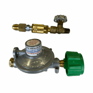 A brass and metal gas regulator with a green knob and valve.