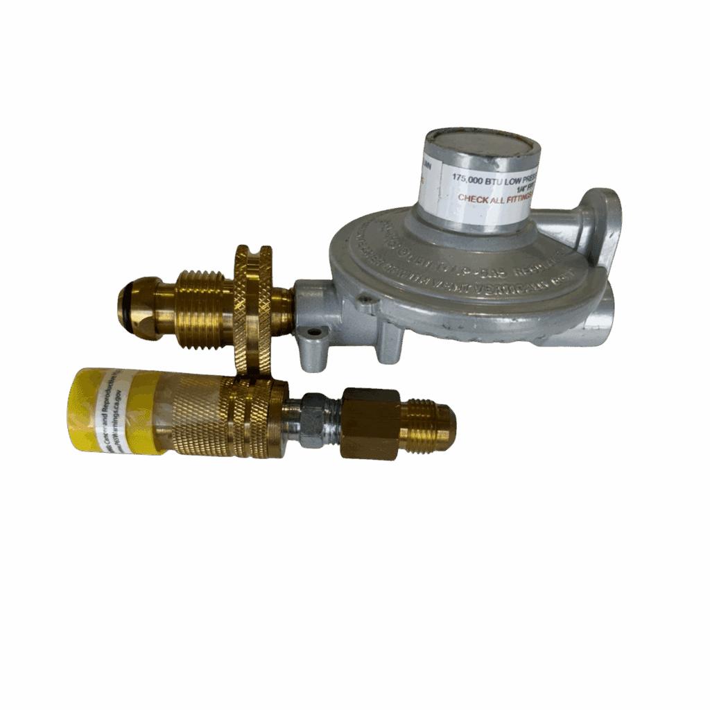 Set of brass and gray metal gas or pressure valves and regulators.