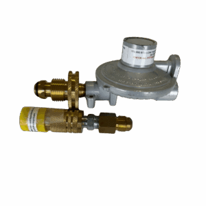 Set of brass and gray metal gas or pressure valves and regulators.