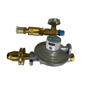 A brass gas pressure regulator with adjustment knob and gauges.