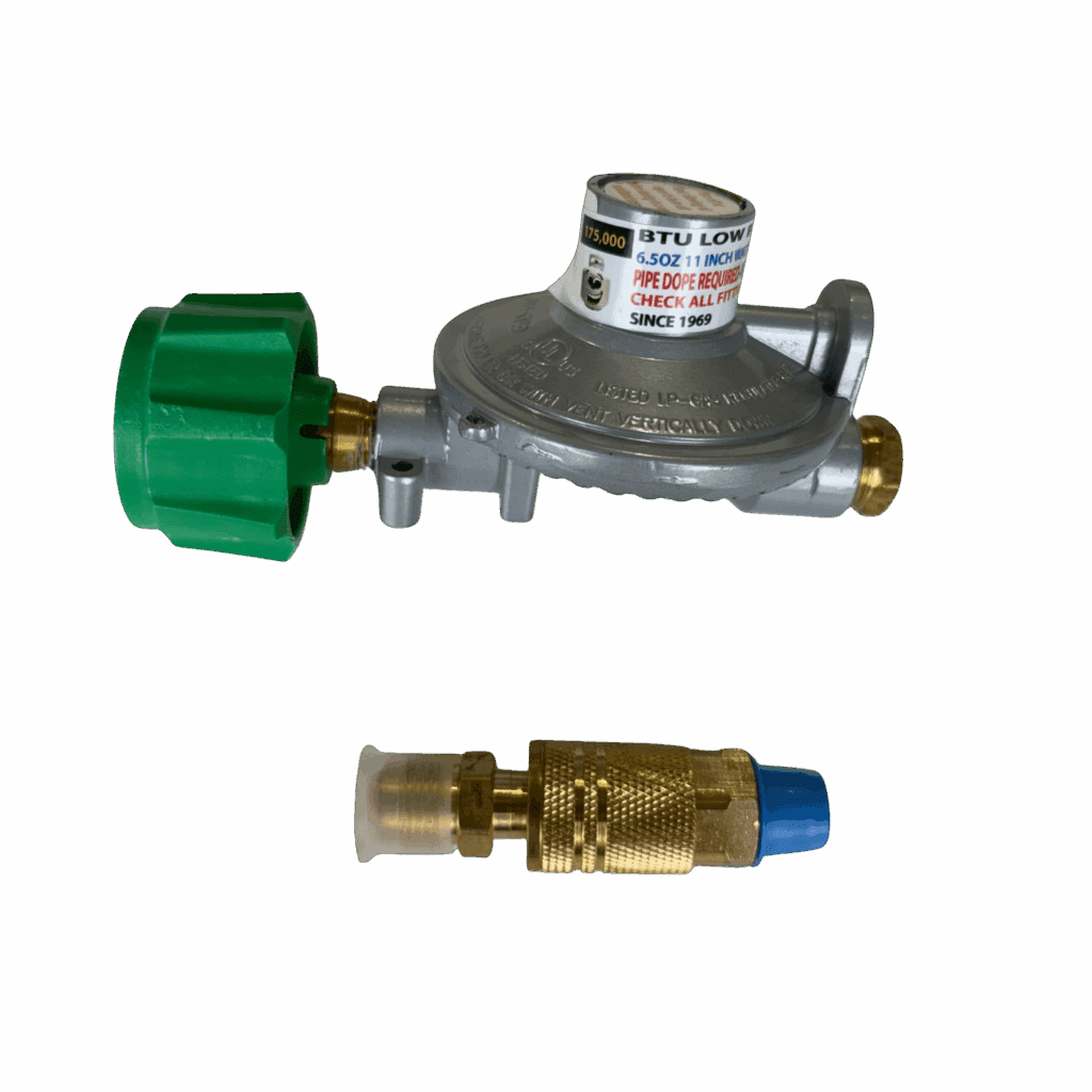 A green-handled gas regulator and a brass fitting on a white background.