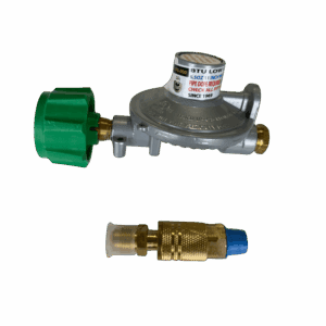 A green-handled gas regulator and a brass fitting on a white background.