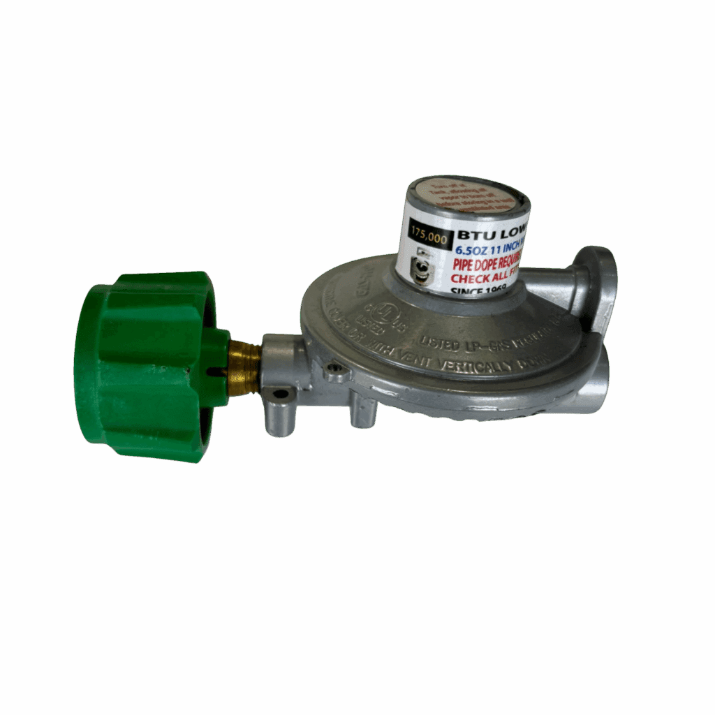 Metal gas regulator with a green adjustment knob.