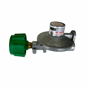 Metal gas regulator with a green adjustment knob.