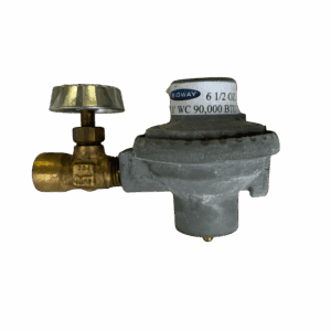 A brass valve connected to a grey industrial gas regulator.