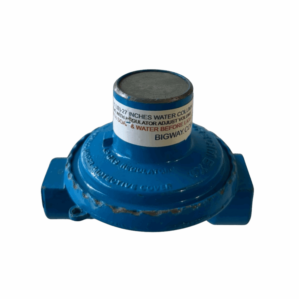 Blue gas regulator with a warning label on top.