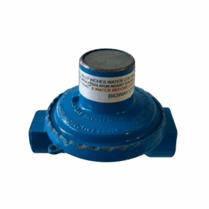 Blue gas regulator with a warning label on top.