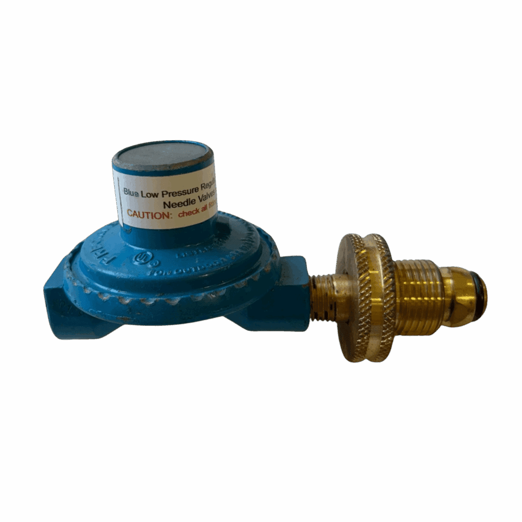 A blue gas regulator with a brass connector for controlling gas flow.