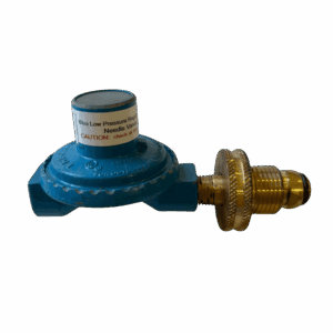 A blue gas regulator with a brass connector for controlling gas flow.
