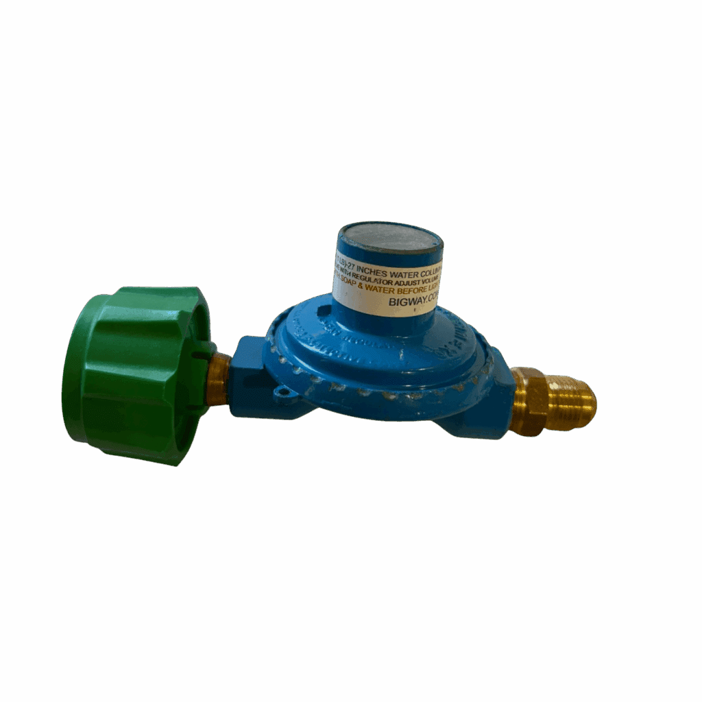 Blue and green gas regulator valve with brass fitting.