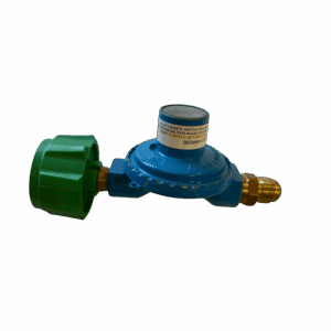 Blue and green gas regulator valve with brass fitting.