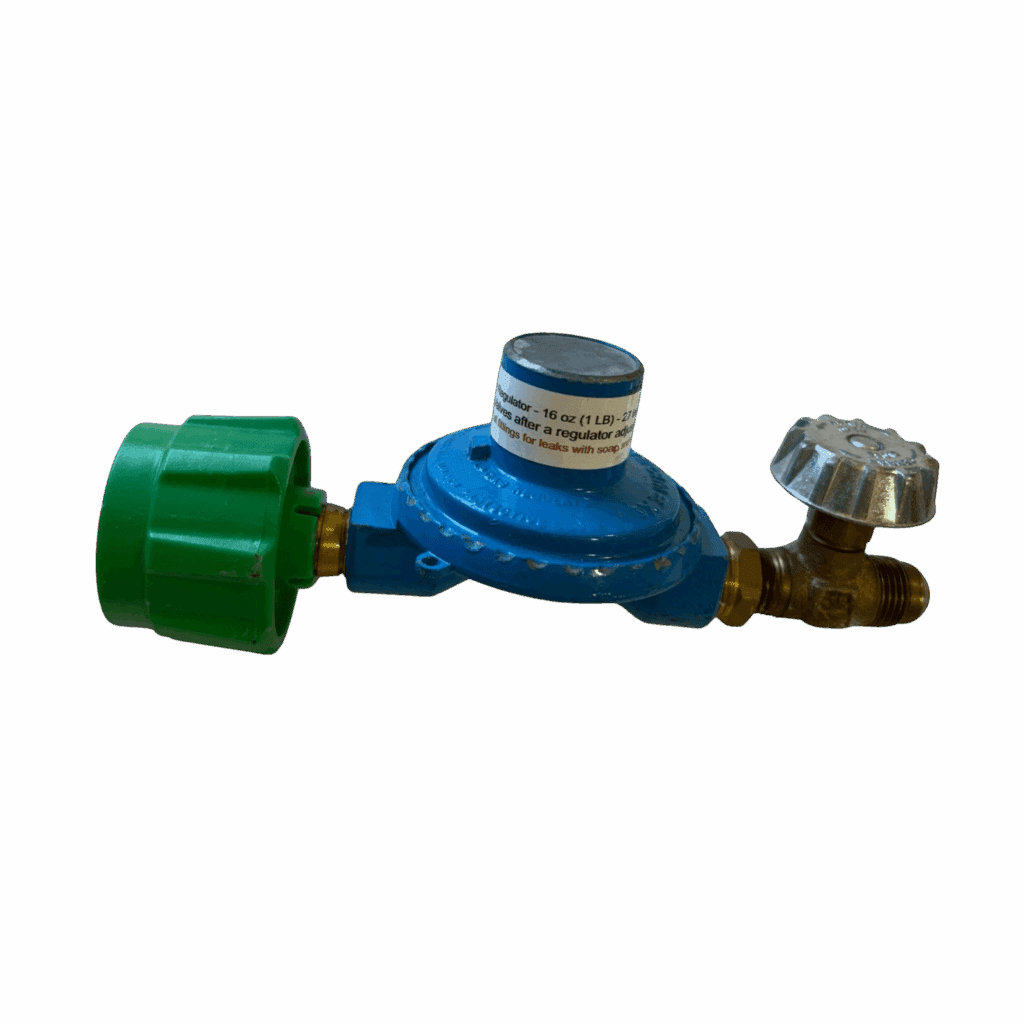 Blue gas regulator with green valve and metal connector.