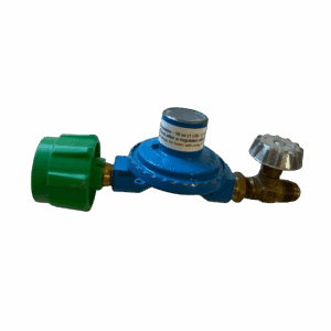Blue gas regulator with green valve and metal connector.