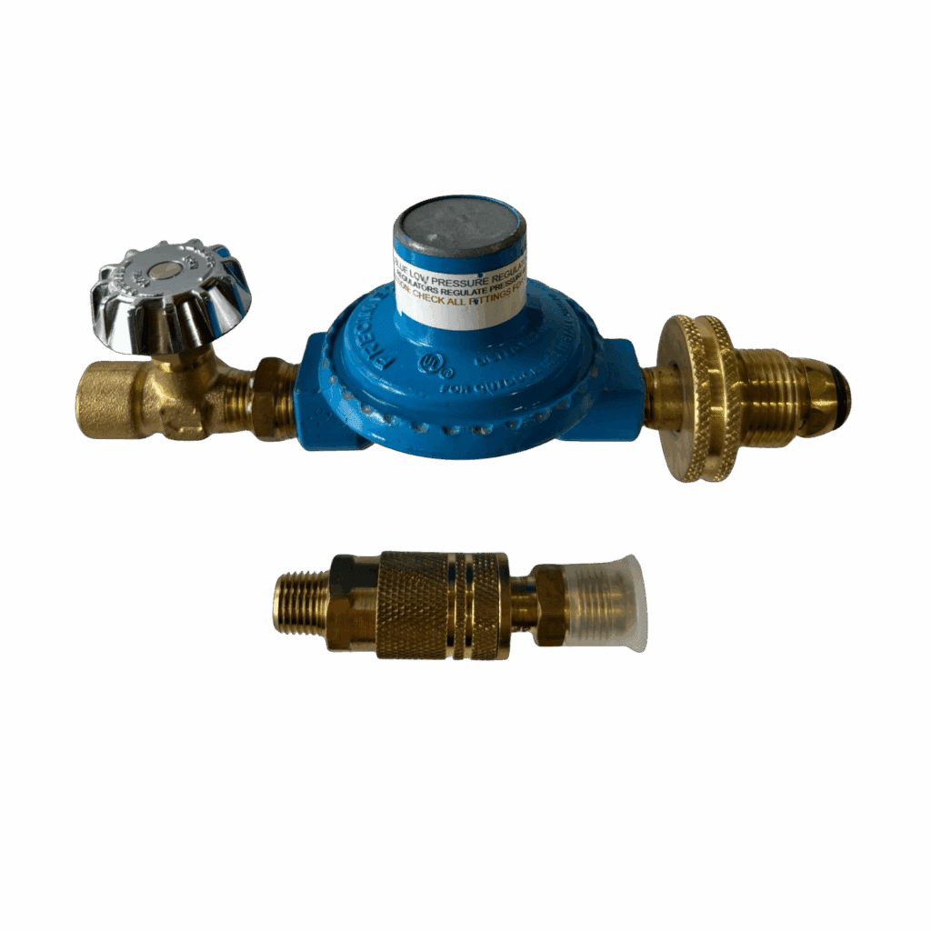 Blue gas regulator with brass fittings and a separate valve component.