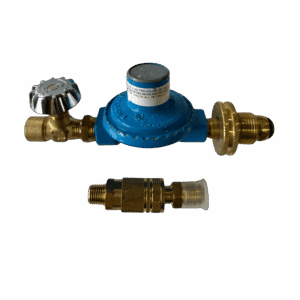 Blue gas regulator with brass fittings and a separate valve component.