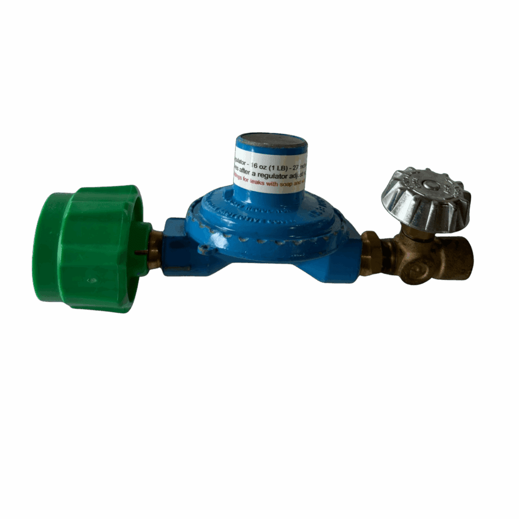 Blue gas regulator with green knob and metal valve.