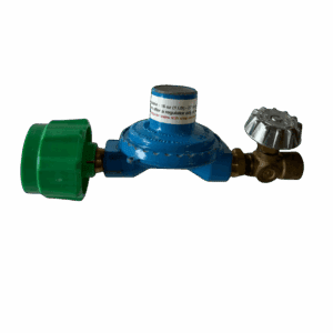 Blue gas regulator with green knob and metal valve.