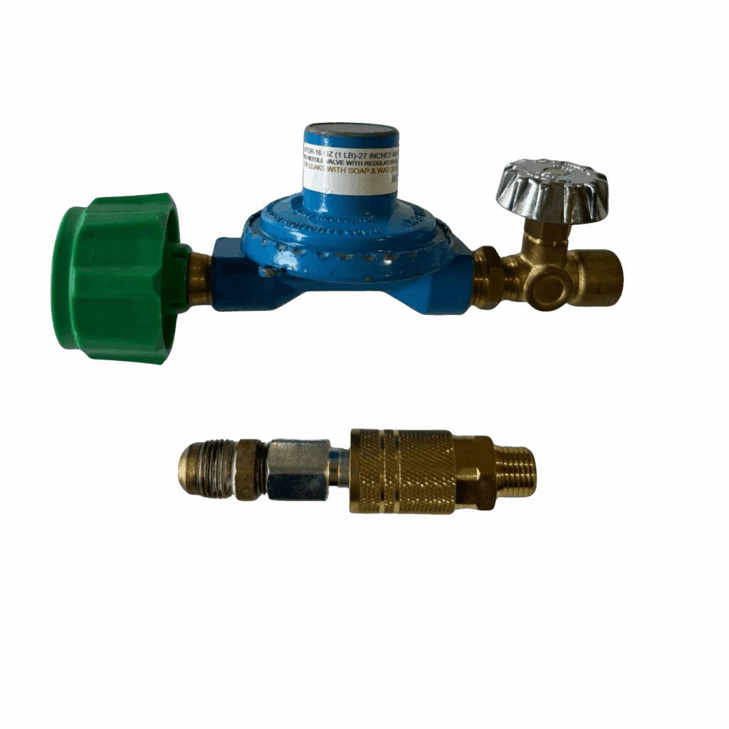 Two water valves with different connectors isolated on a green background.