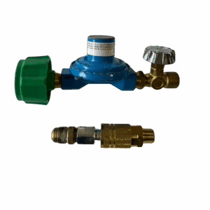 Two water valves with different connectors isolated on a green background.