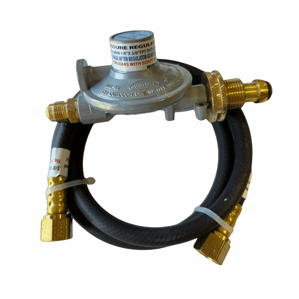 Metal gas regulator with attached black hose and brass fittings.