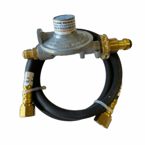 Metal gas regulator with attached black hose and brass fittings.