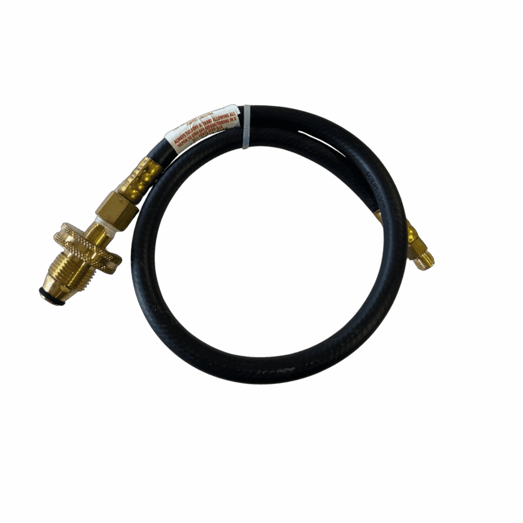 A coiled black hose with brass fittings on both ends.