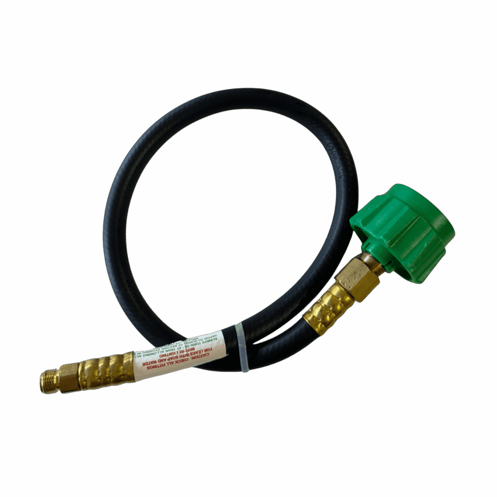 A black and green hose with brass fittings.