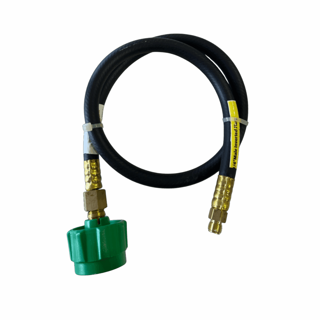 A black high-pressure hose with brass fittings and a green valve attachment.