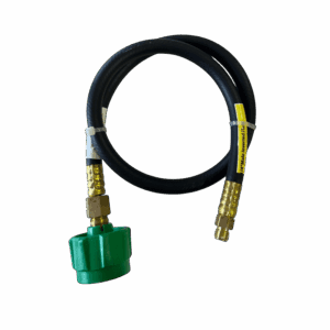 A black high-pressure hose with brass fittings and a green valve attachment.