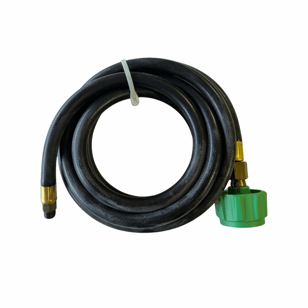 Coiled black garden hose with brass fittings and green connector.