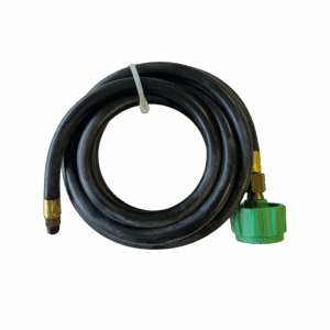 Coiled black garden hose with brass fittings and green connector.