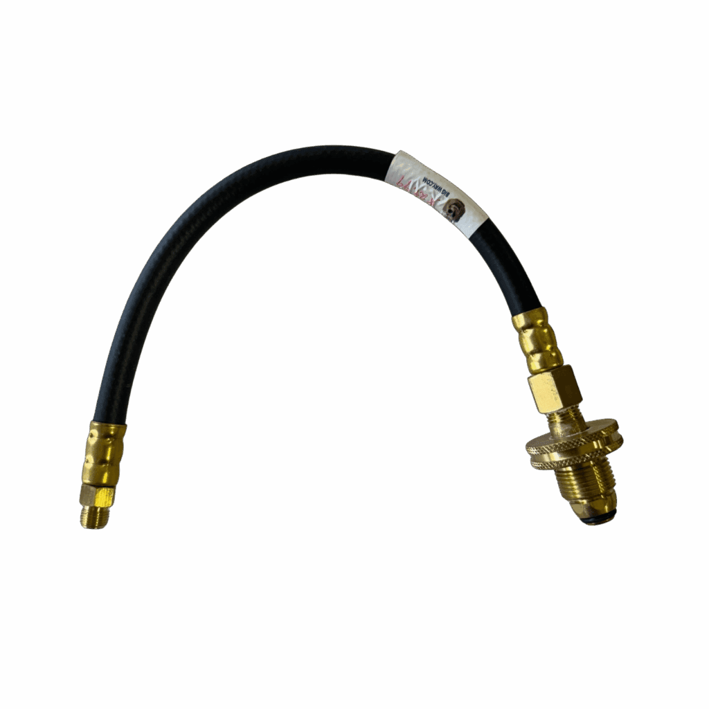 Flexible hydraulic hose with brass fittings on both ends.
