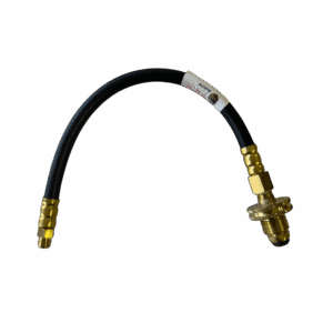 Flexible hydraulic hose with brass fittings on both ends.