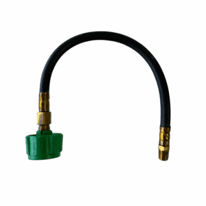 Flexible hose with green valve connector and brass fittings.