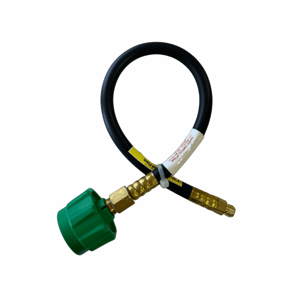 A green garden hose connector with a black hose and brass fittings.