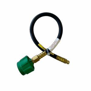 A green garden hose connector with a black hose and brass fittings.