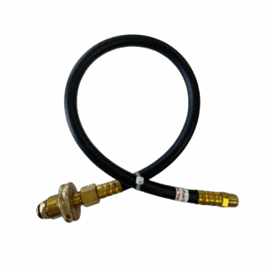 Flexible braided hose with brass fittings at both ends.