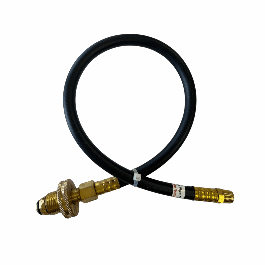 A black hydraulic hose with brass fittings on both ends.