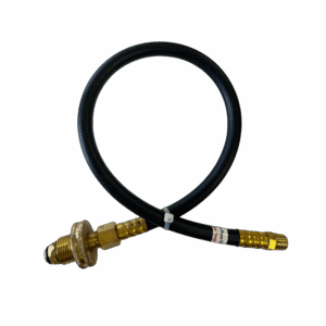 A black hydraulic hose with brass fittings on both ends.