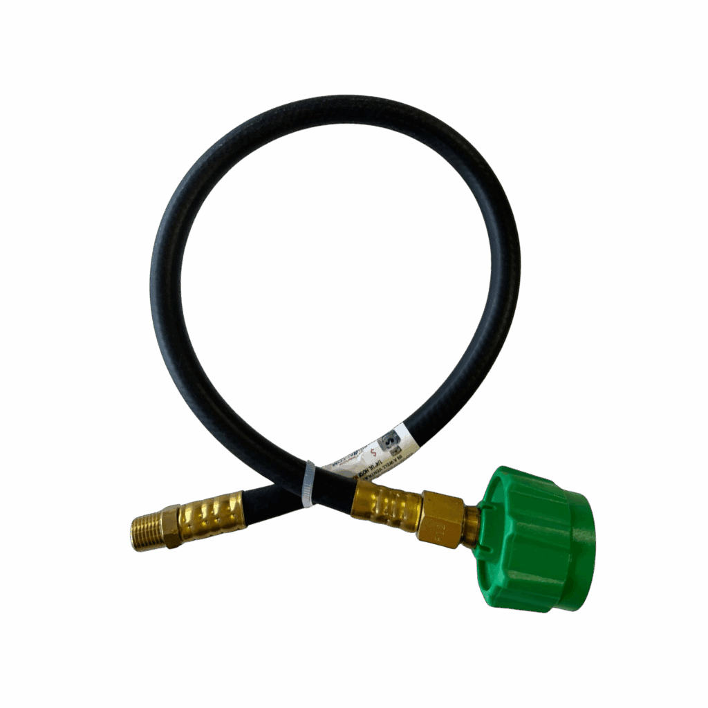 Black hose with brass fittings and a green valve knob.