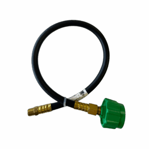 Black hose with brass fittings and a green valve knob.