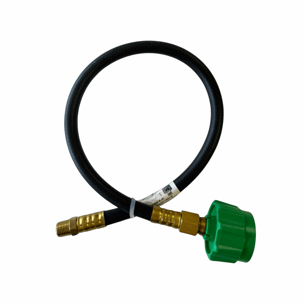 A green gas regulator attached to a black hose with brass connectors.