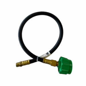 A green gas regulator attached to a black hose with brass connectors.