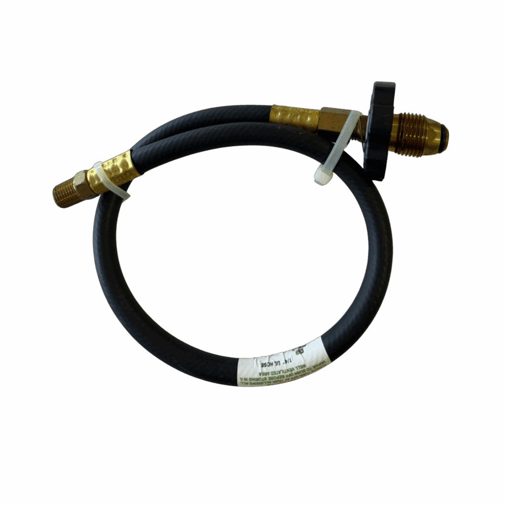 A coiled black hose with gold and brass connectors.