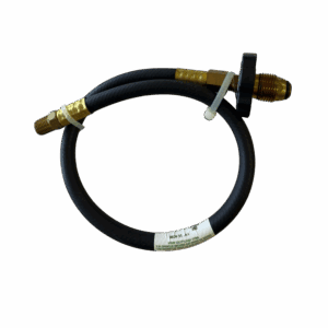 A coiled black hose with gold and brass connectors.