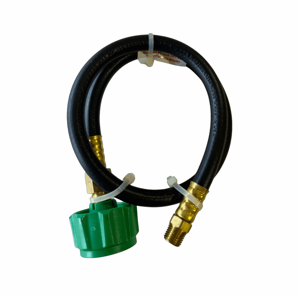 Flexible gas hose with brass fittings and a green connector.