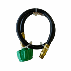 Flexible gas hose with brass fittings and a green connector.