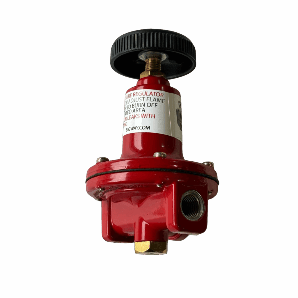 Red industrial pressure regulator with adjustment knob and label.