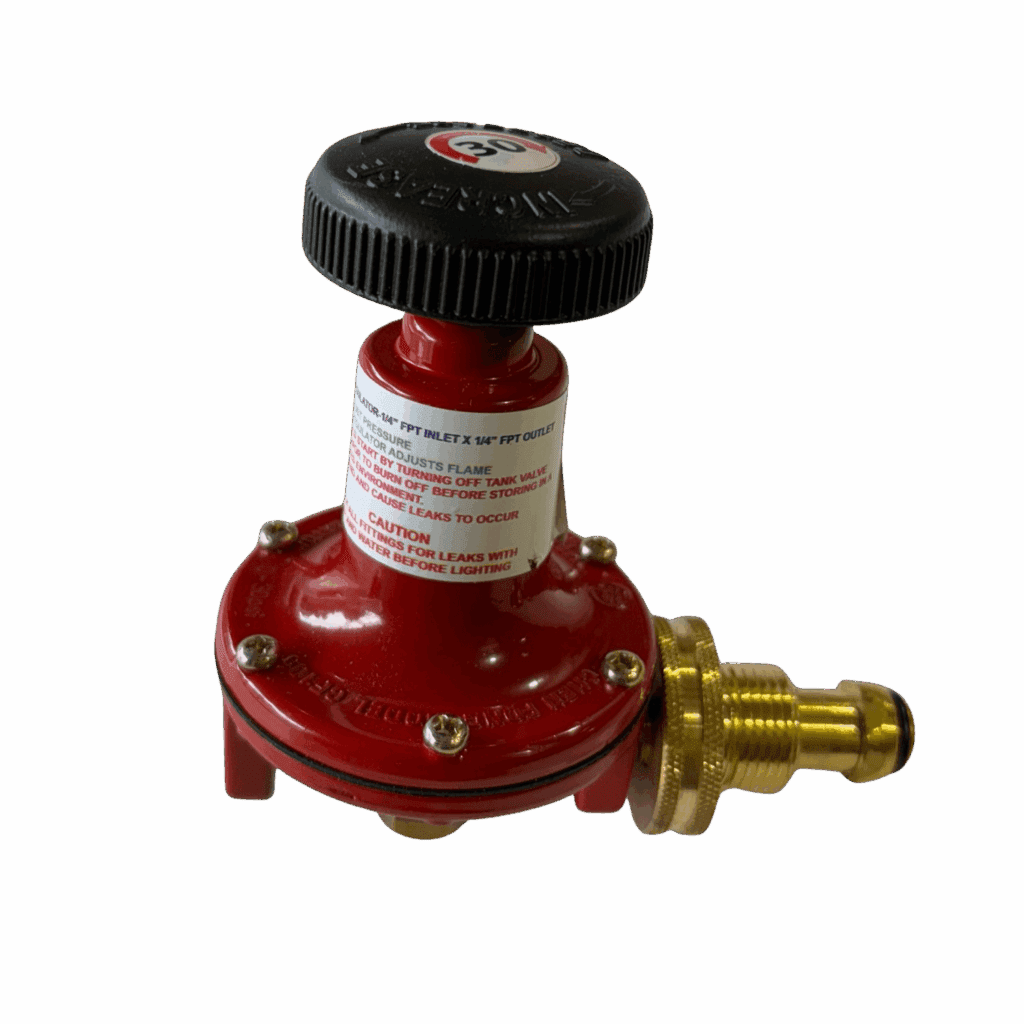 Red gas regulator with brass fitting and black adjustment knob.