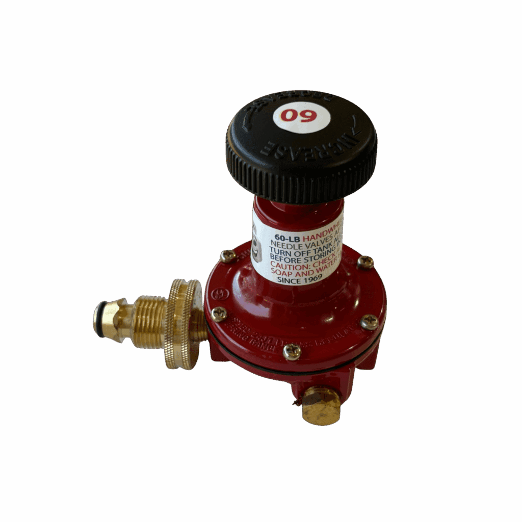 Red gas pressure regulator with black adjustment knob and brass fittings.